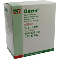 Eine Packung Mullkompressen von Gazin, 10 x 10 cm, 50 Stück.
