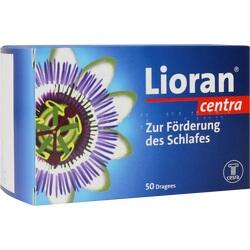Eine blaue Verpackung mit einer Blume und dem Schriftzug "Lioran centra" zur Schlafhilfe.